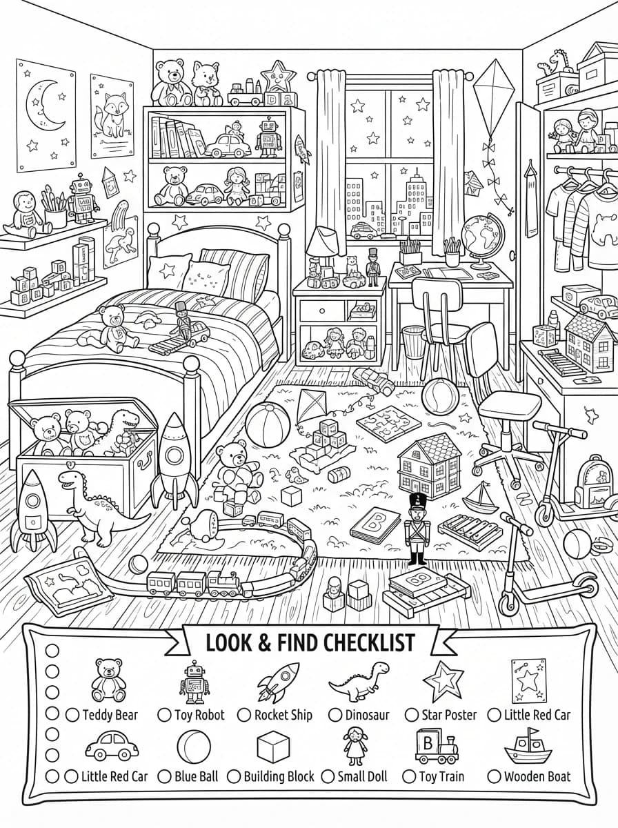 Coloriage Jeu d'Observation : La Chasse aux Jouets Cachés