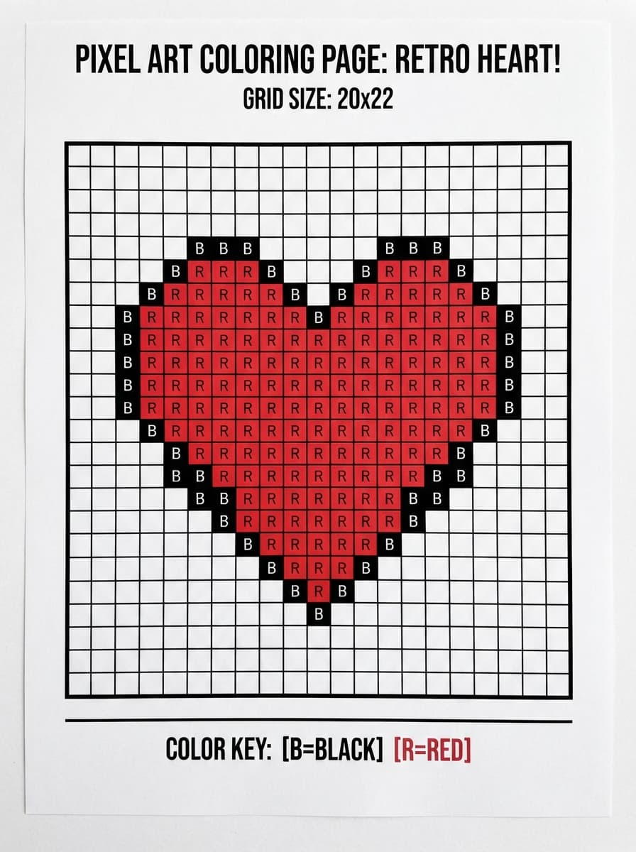 Coloriage Pixel Art Cœur 8-bit Rétro