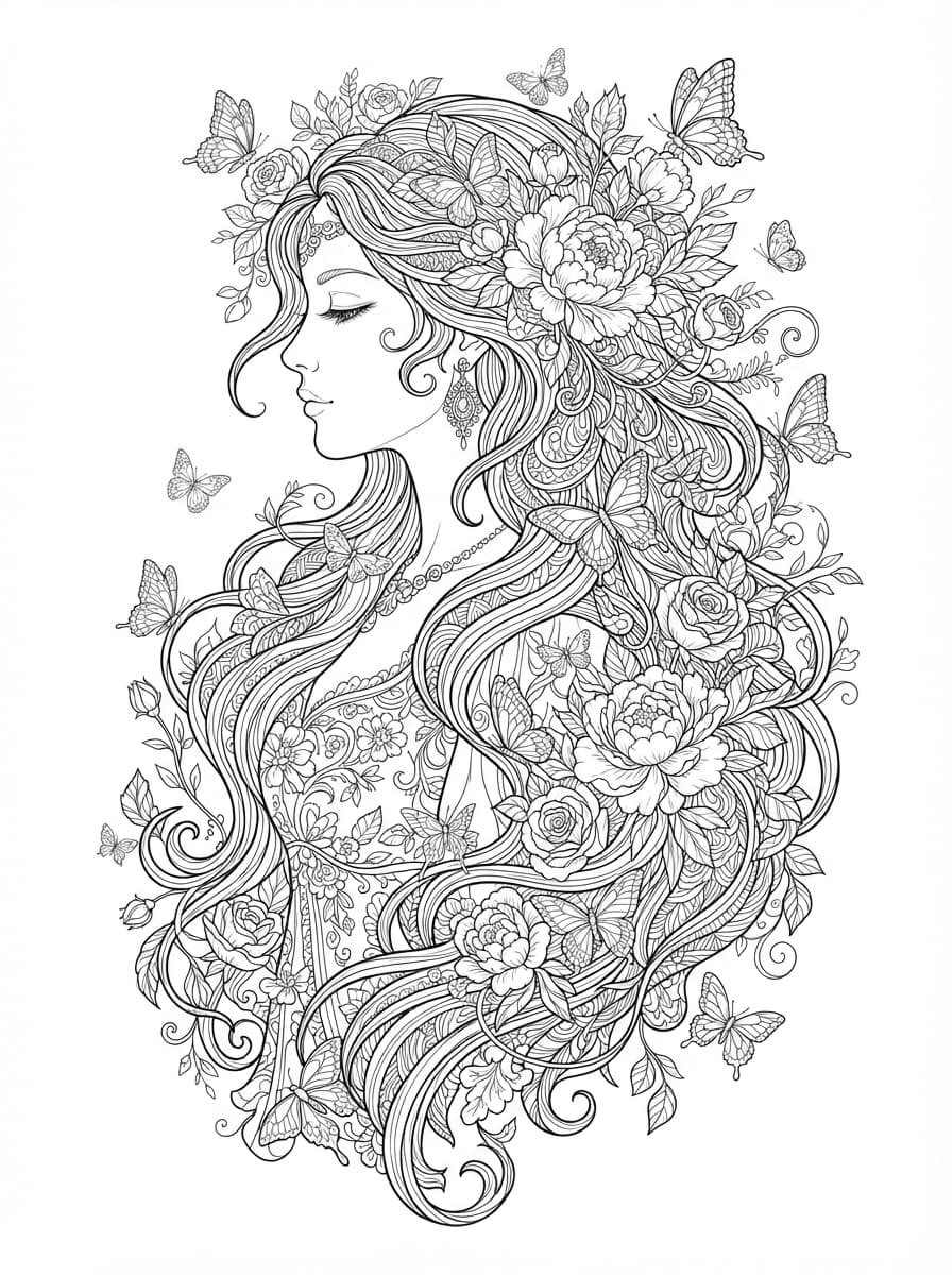 Coloriage Portrait Poétique aux Fleurs et Papillons
