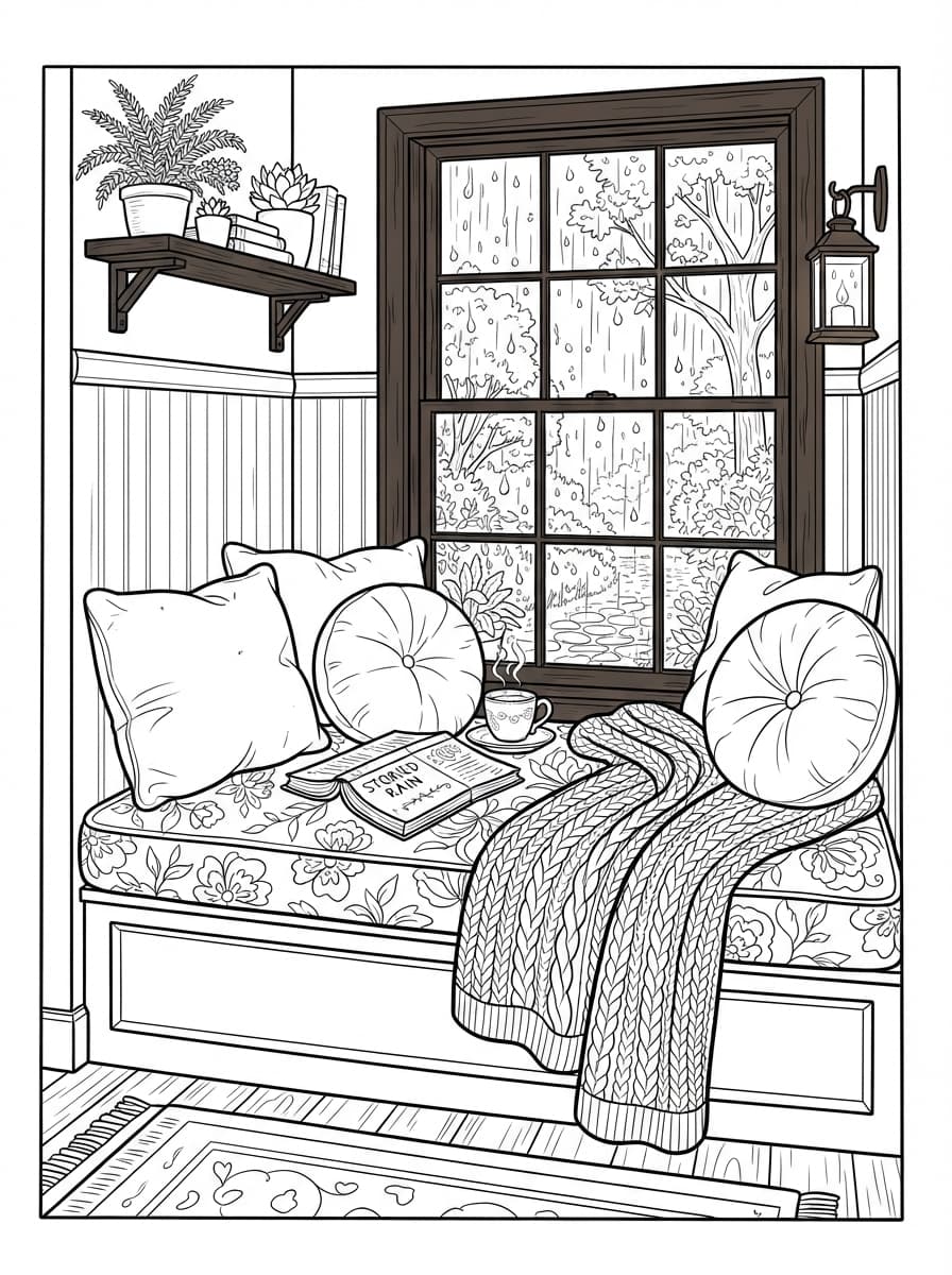 Coloriage Moment Lecture au Chaud sous la Pluie