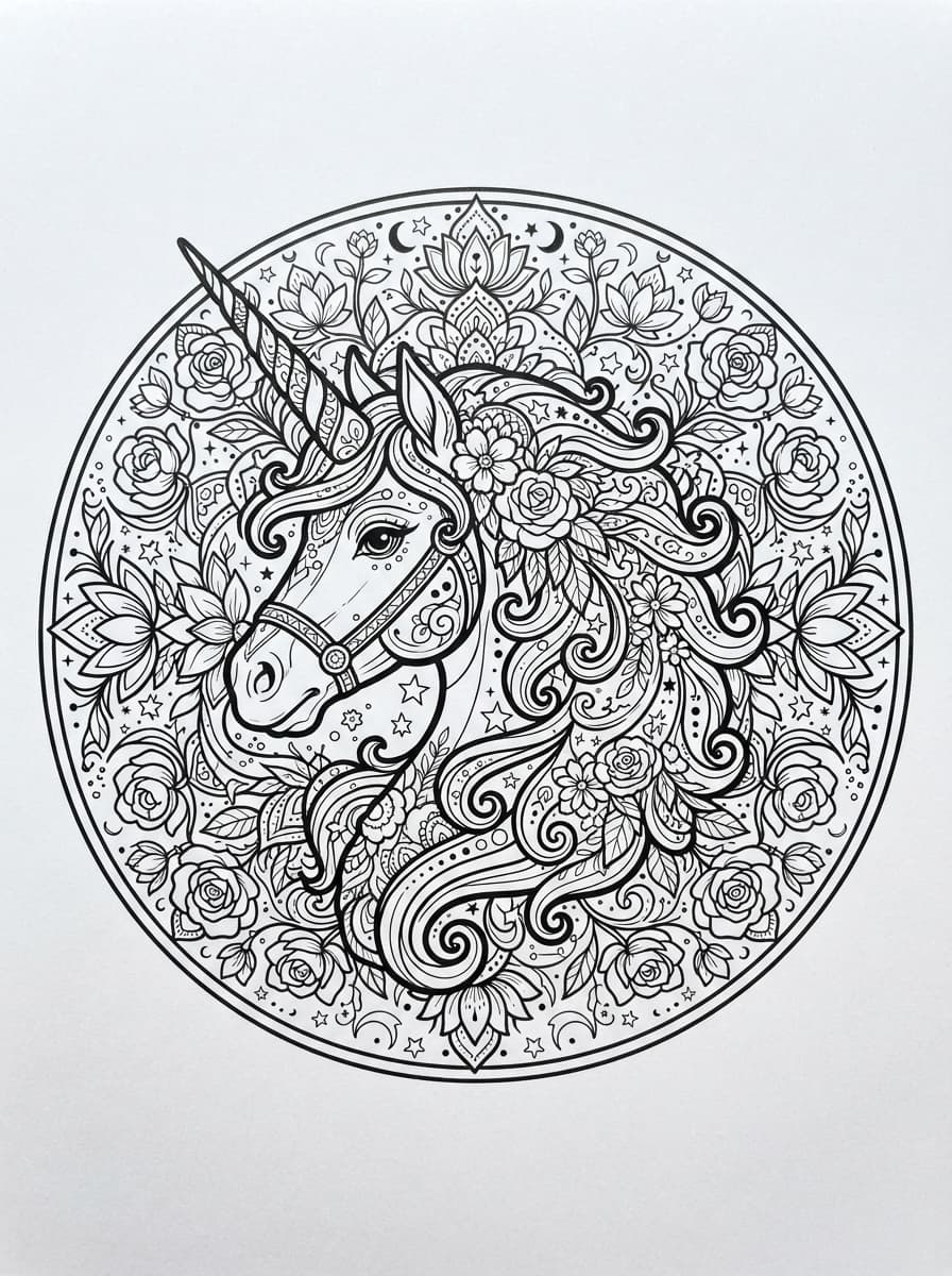 Coloriage Mandala Tête de Licorne Majestueuse