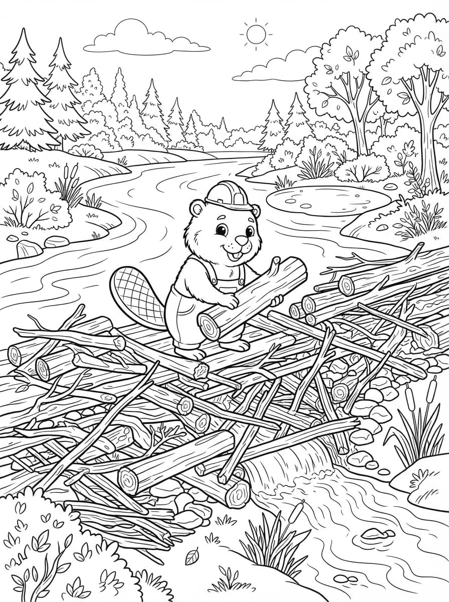 Coloriage Le castor bâtisseur et son barrage