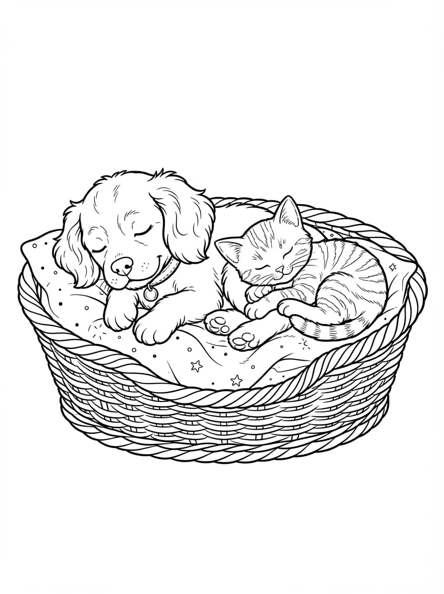 Coloriage La sieste du chiot et du chaton