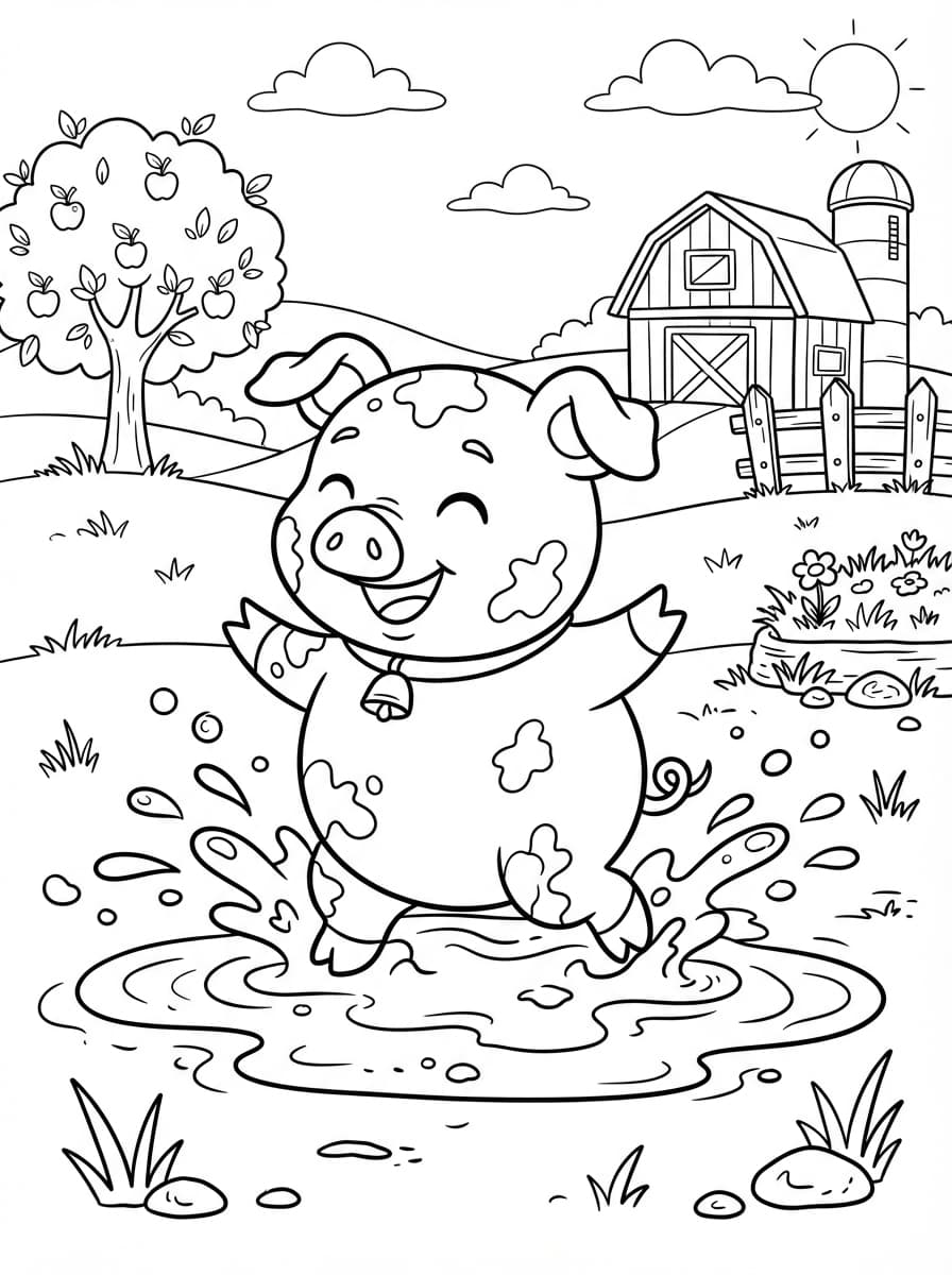 Coloriage Le Petit Cochon dans la Boue