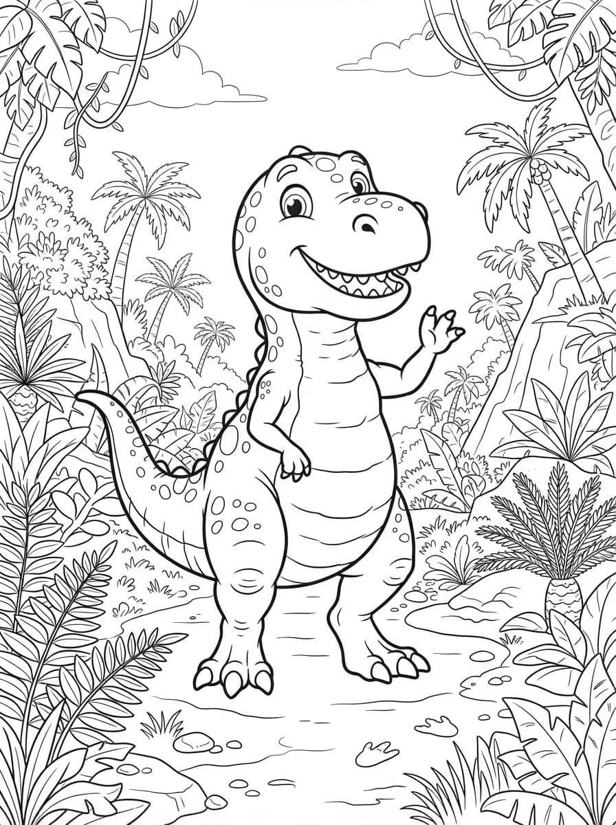 Coloriage Petit T-Rex Rigolo qui Dit Bonjour