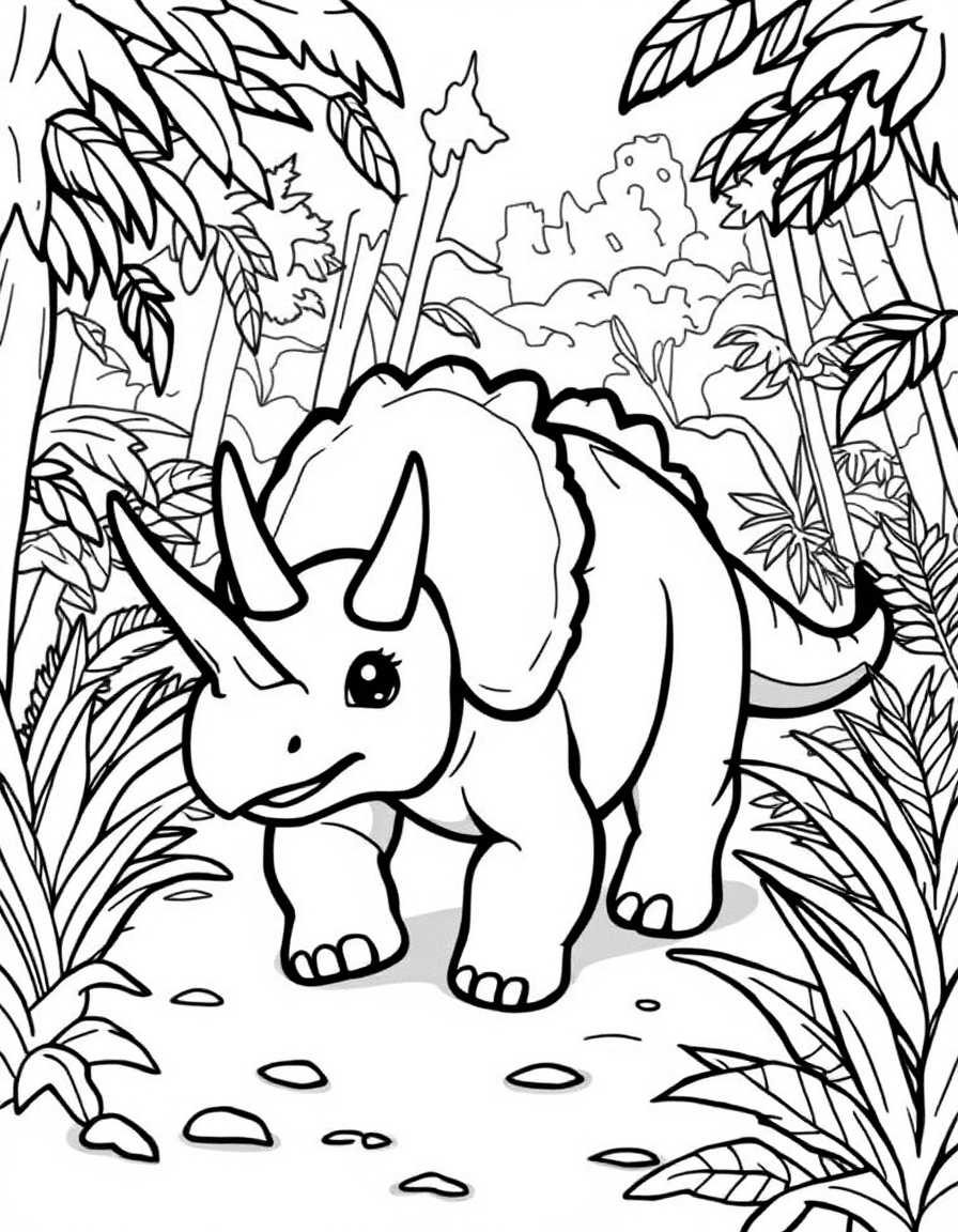 Coloriage Dinosaure - Tricératops mignon marchant au milieu de fougères préhistoriques