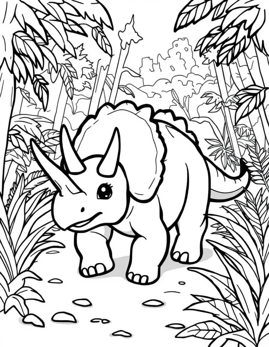 Coloriage Dinosaure - Tricératops mignon marchant au milieu de fougères préhistoriques