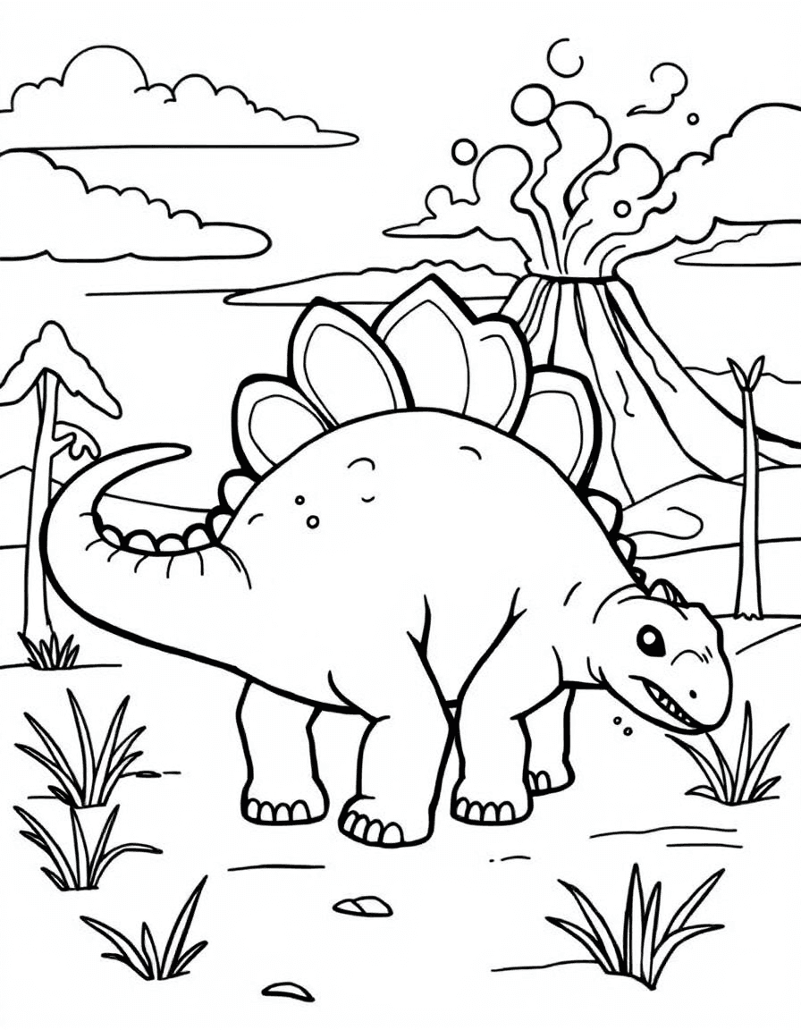 Coloriage Dinosaure - Stégosaure aux grandes plaques dorsales près d'un volcan