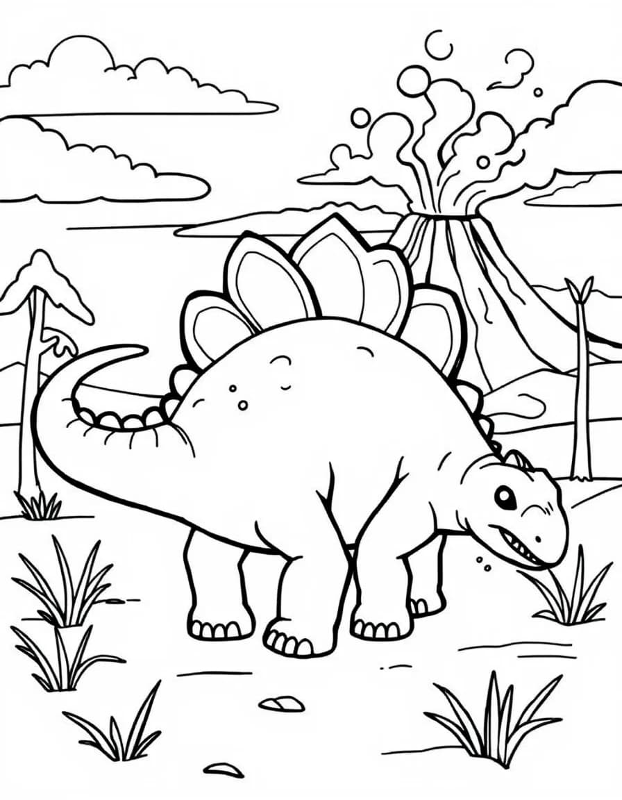 Coloriage Dinosaure - Stégosaure aux grandes plaques dorsales près d'un volcan
