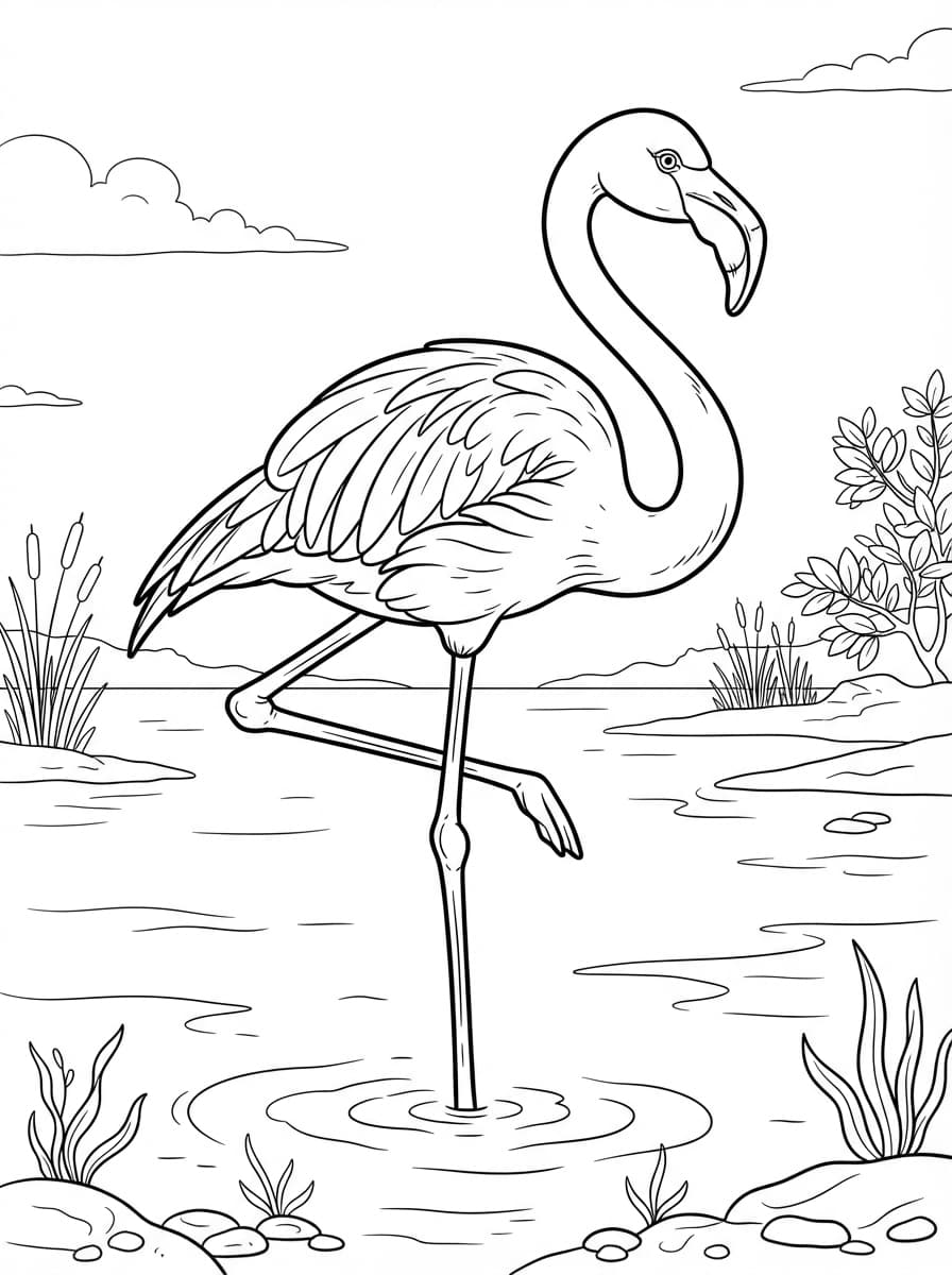Coloriage Flamant Rose Majestueux dans le Lagon