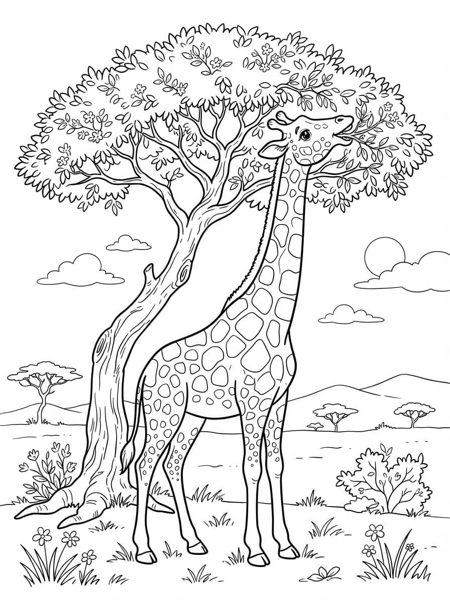 Coloriage Grande Girafe Gourmande et l'Acacia
