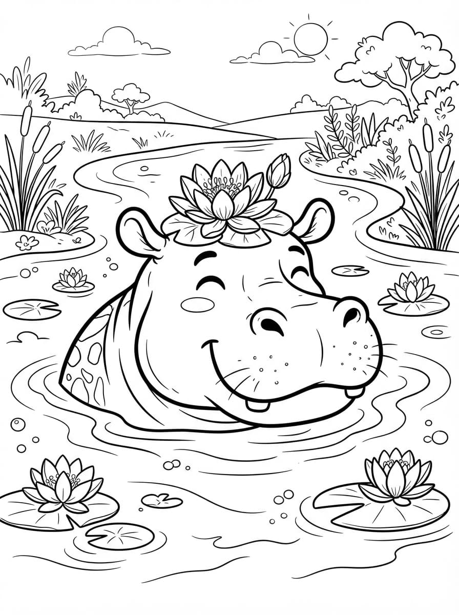 Coloriage Le Bain Rigolo du Grand Hippopotame