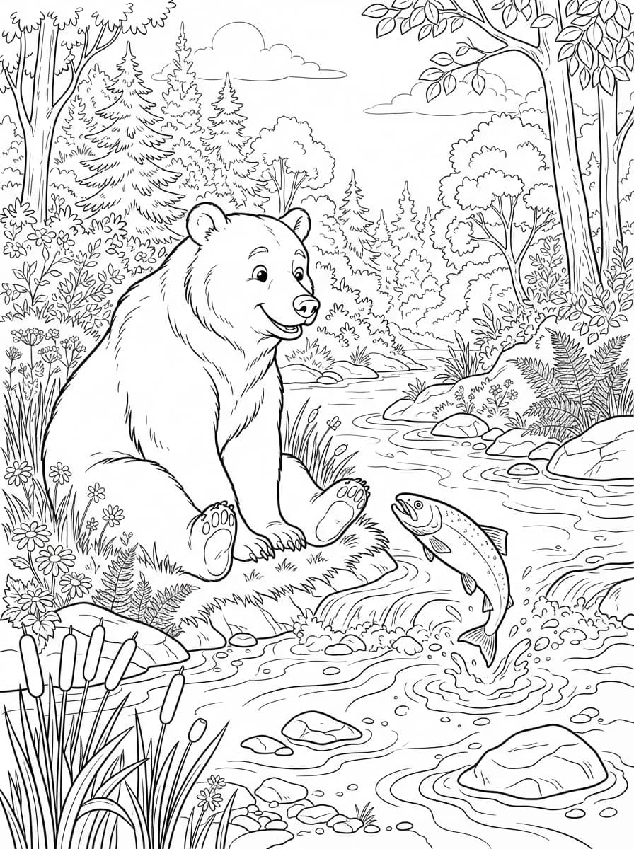 Coloriage Le Grand Ours Pêcheur au Bord de l'Eau