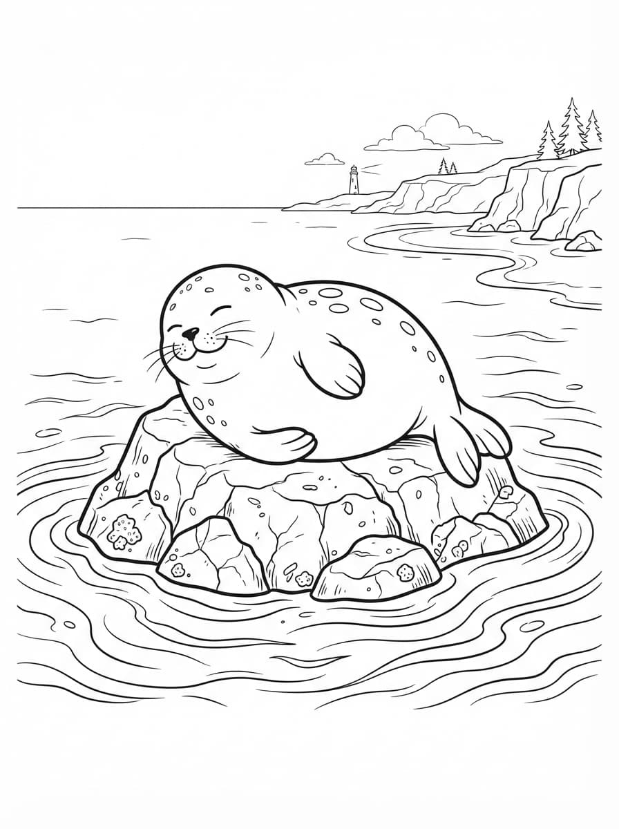 Coloriage Le Phoque Souriant sur son Rocher