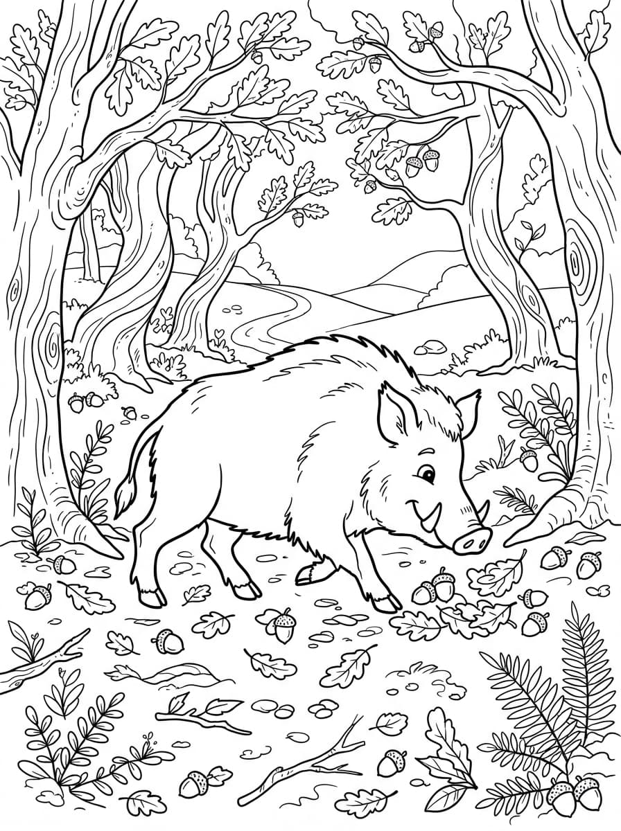 Coloriage Sanglier Gourmand dans la Forêt