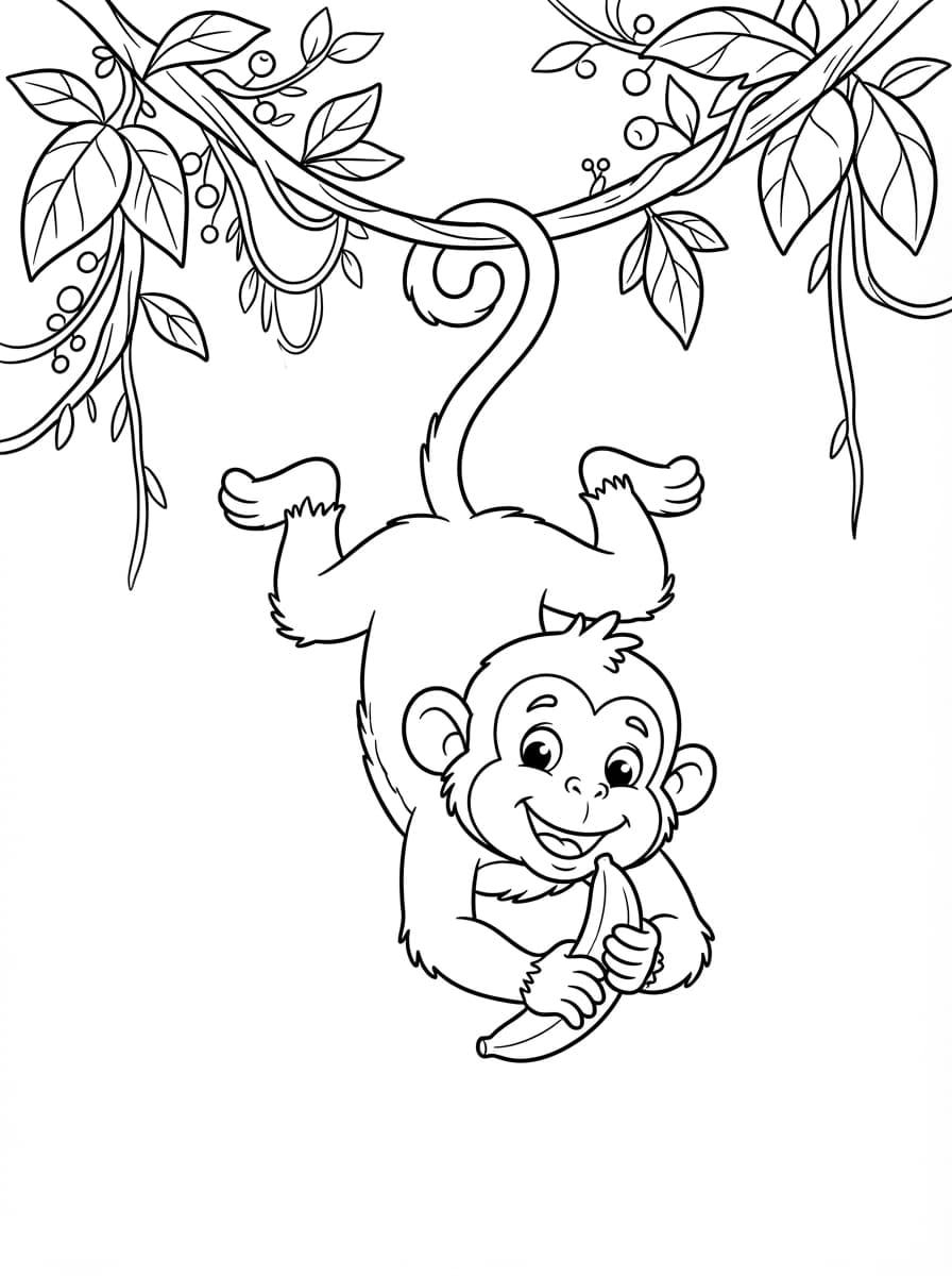 Coloriage Singe Malin Suspendu à sa Liane