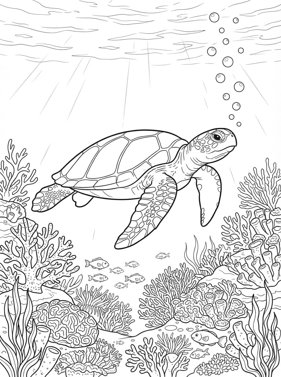 Coloriage La Tortue Marine et le Récif Magique