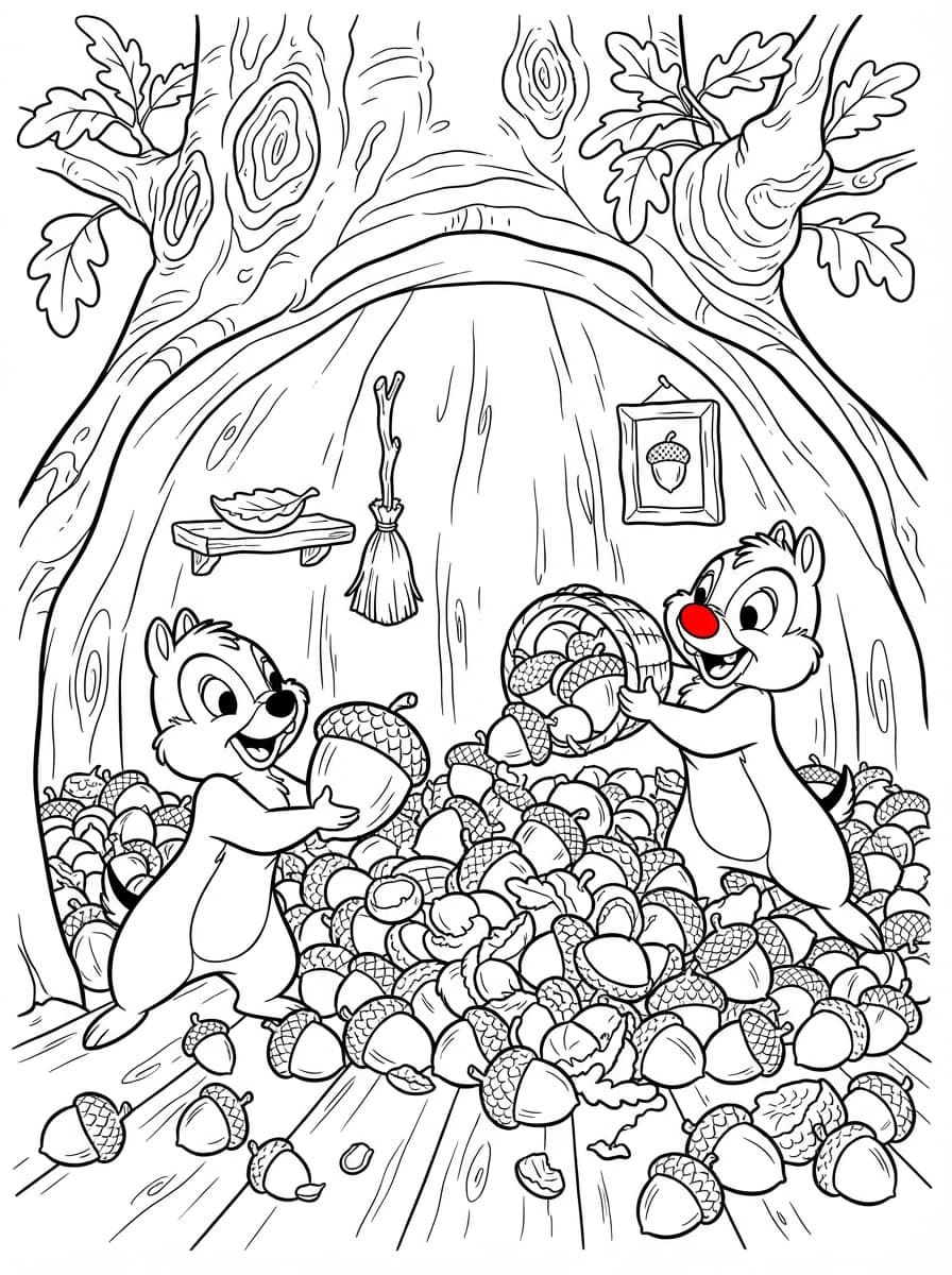 Coloriage Tic et Tac et la Grande Récolte de Glands