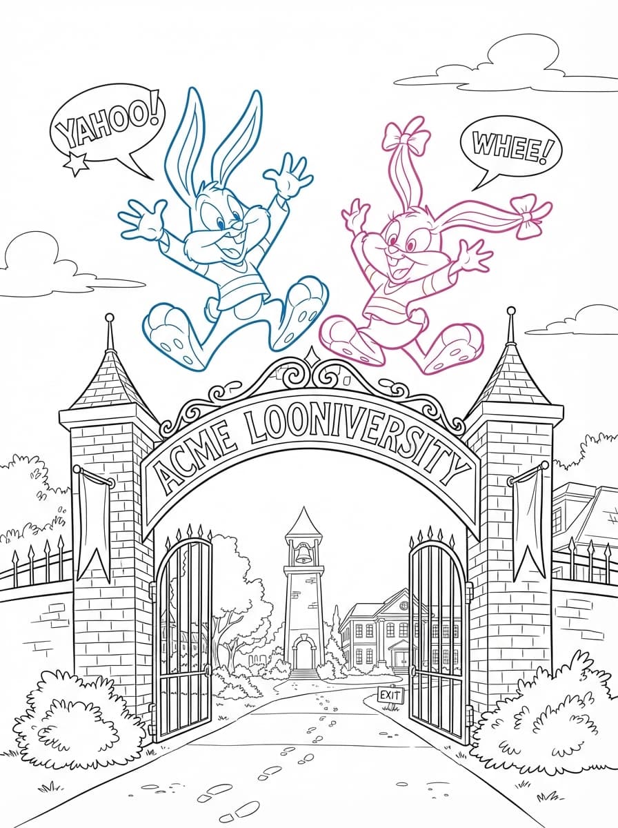 Coloriage Buster et Babs Bunny à la rentrée Acme