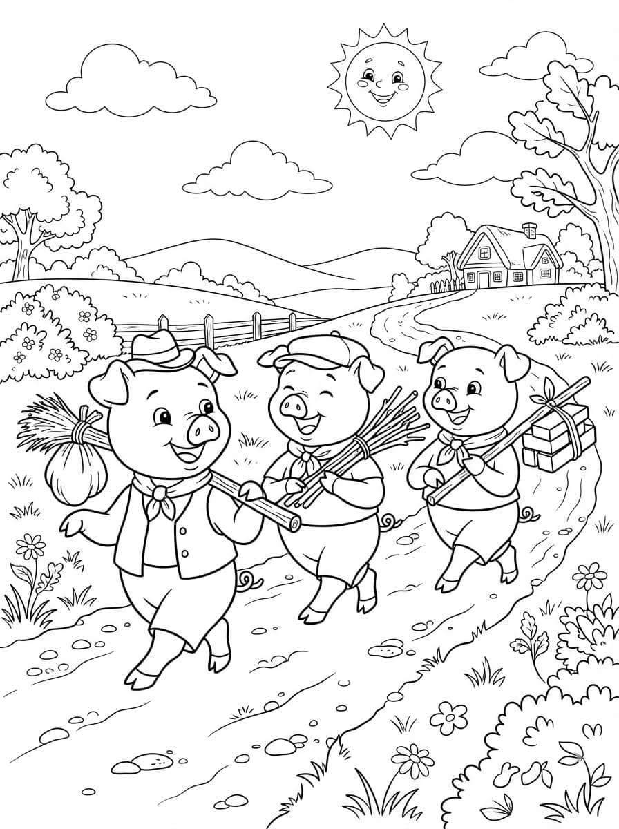 Coloriage Les Trois Petits Cochons en Balade