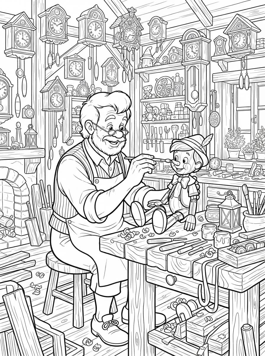 Coloriage Geppetto Donnant Vie à Pinocchio