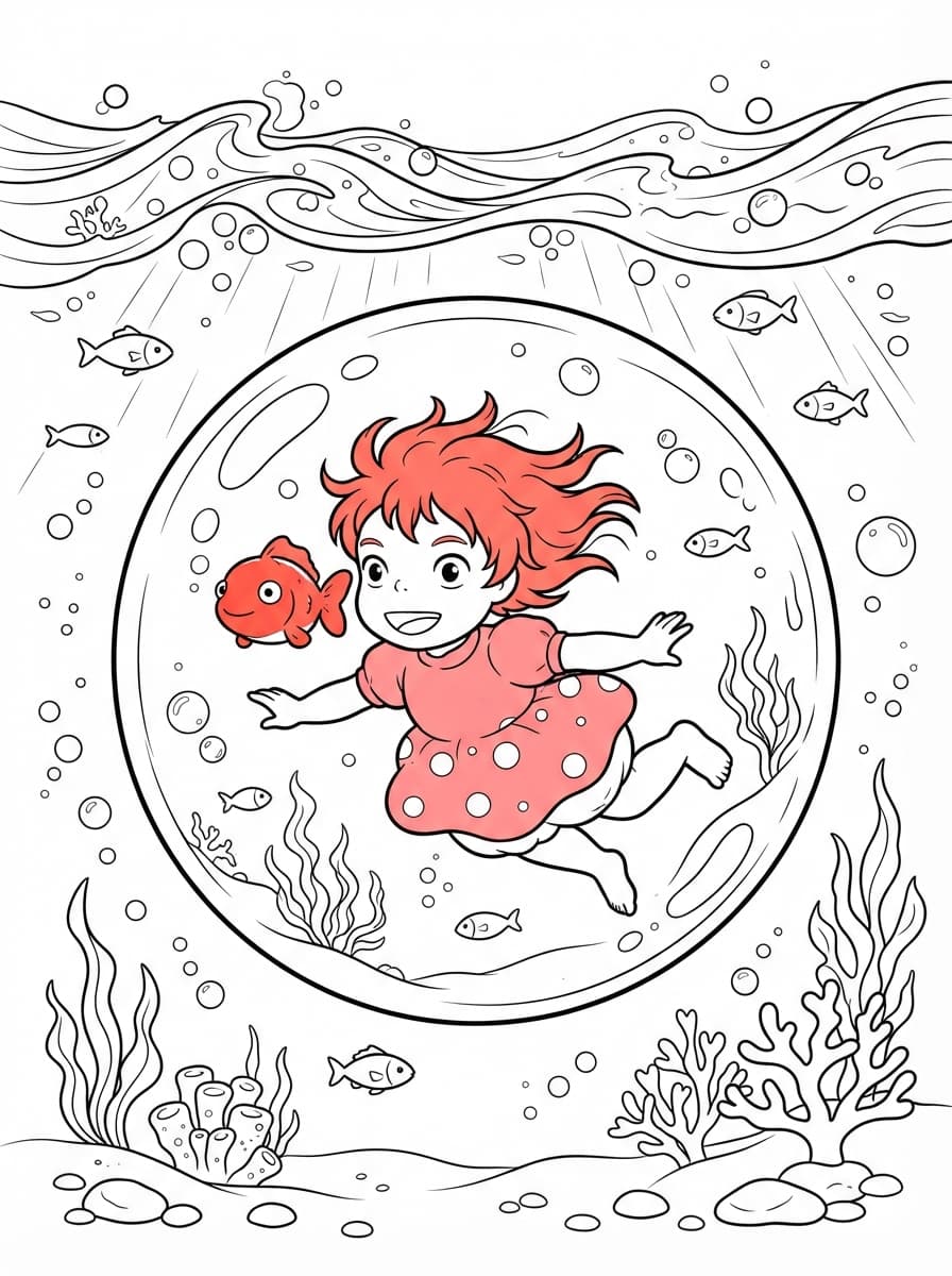 Coloriage Ponyo dans sa bulle sous l'océan