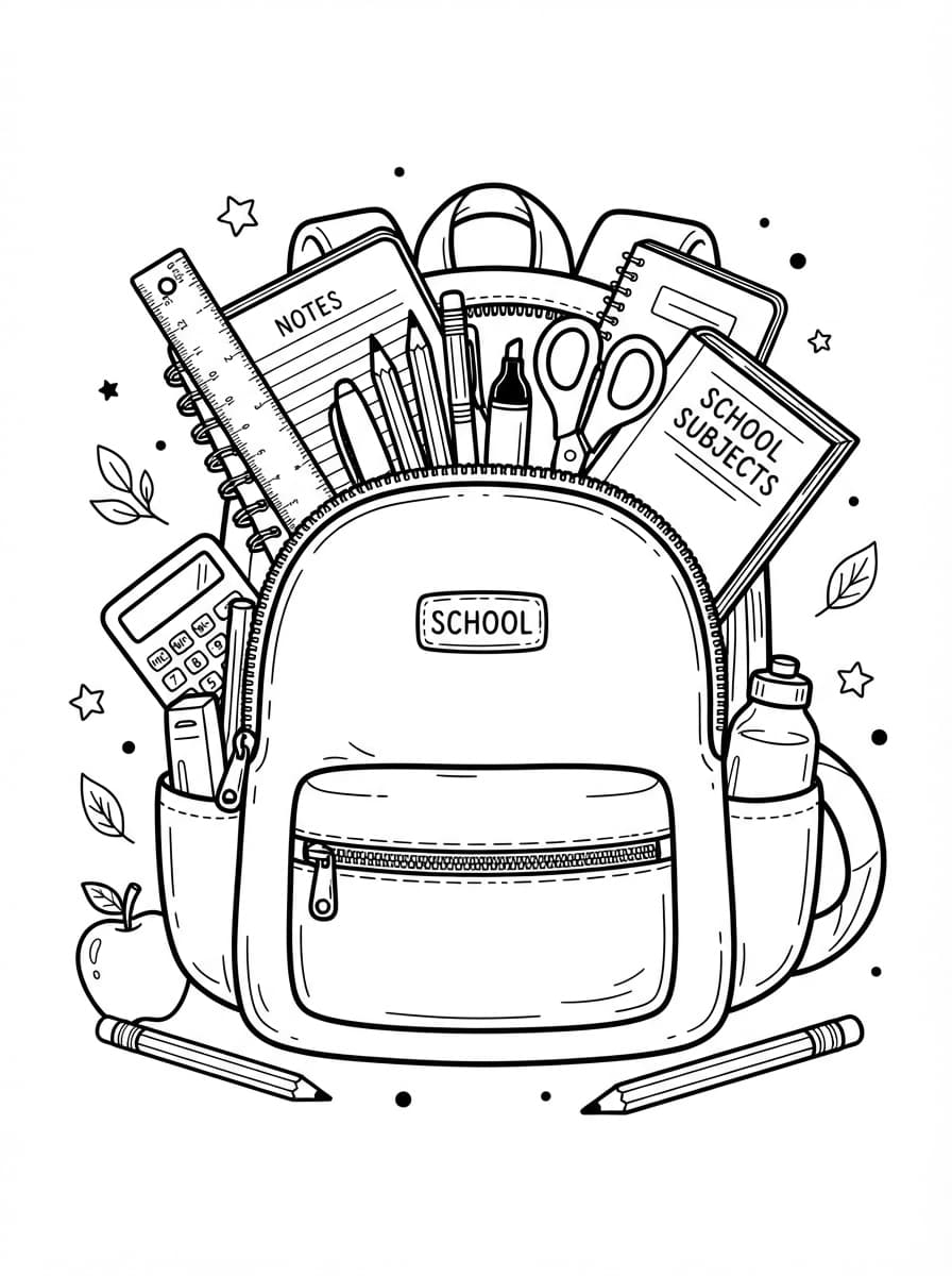 Coloriage Le cartable bien rangé pour la rentrée