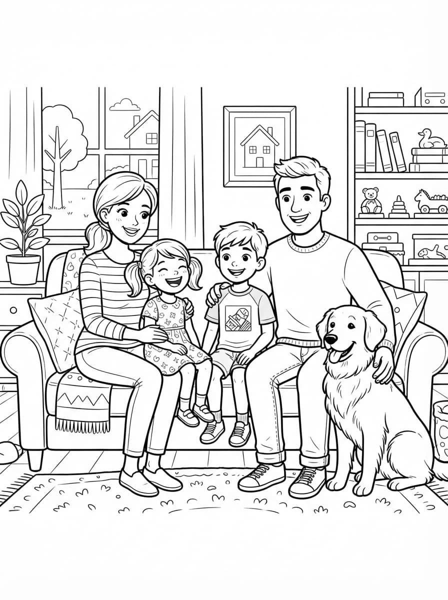 Coloriage Moment Câlin en Famille sur le Canapé