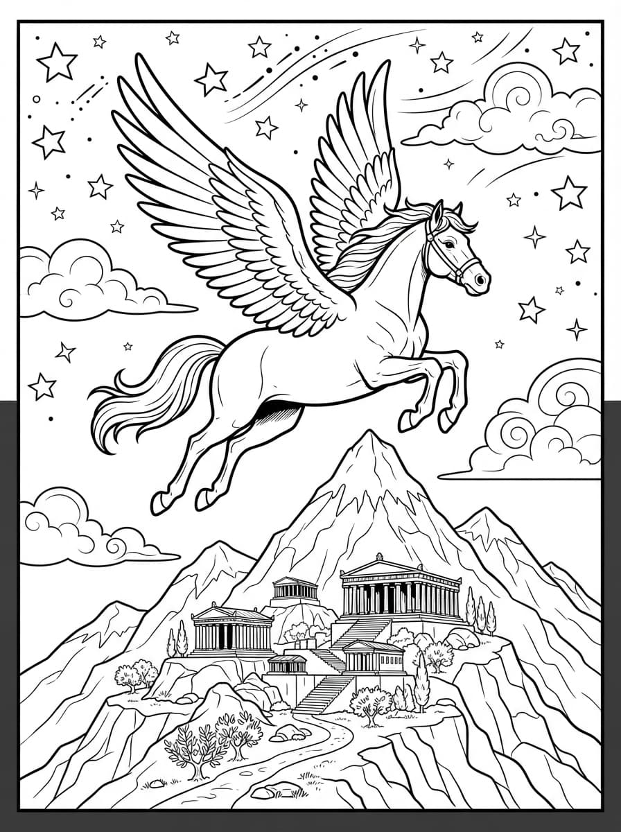 Coloriage Pégase en plein vol sur le mont Olympe
