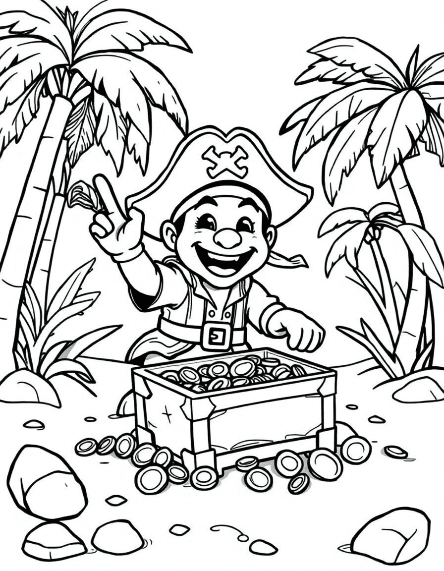 Coloriage Pirate - Pirate joyeux déterrant un coffre au trésor rempli de pièces d'or et de bijoux sous les cocotiers, dessin simple.