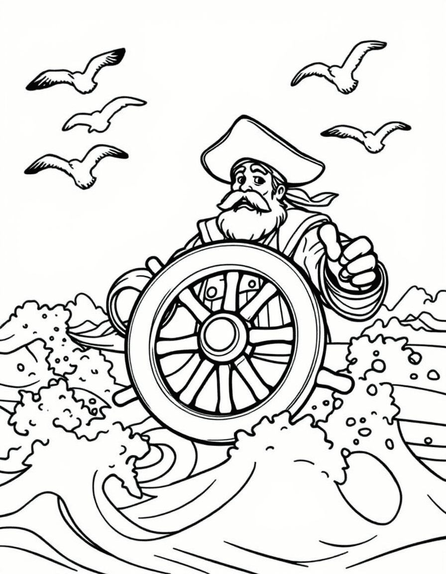 Coloriage Pirate - Capitaine pirate tenant fermement la barre du navire dans les vagues avec des mouettes en vol, contours nets.