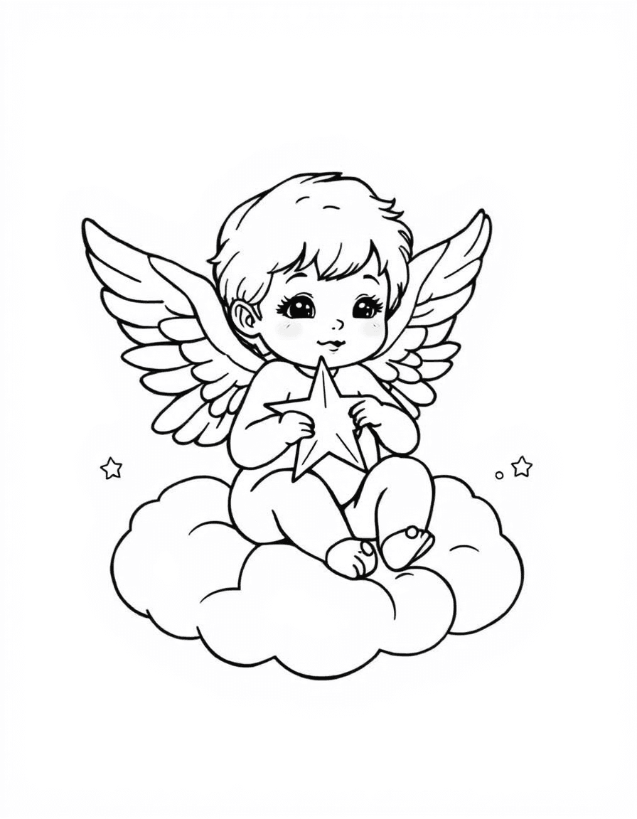Coloriage Ange - Adorable petit ange aux ailes de plumes douces assis sur un nuage tenant une étoile brillante, contours nets.