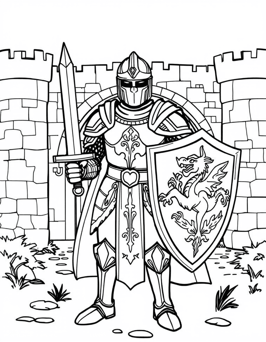 Coloriage Chevalier - Chevalier vaillant en armure étincelante tenant une épée et un bouclier orné d'un dragon devant le château, contours nets.
