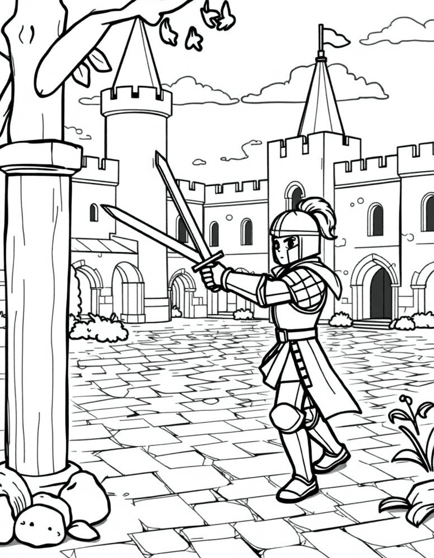 Coloriage Chevalier - Jeune écuyer s'entraînant à l'épée de bois contre un mannequin d'entraînement dans la cour du château, dessin simple.