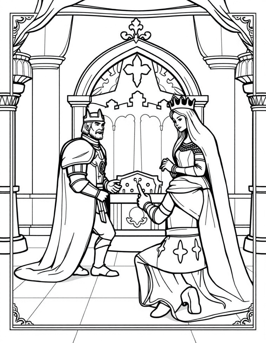 Coloriage Chevalier - Noble chevalier s'agenouillant devant le roi et la reine pour la cérémonie de l'adoubement royal, contours bien définis.