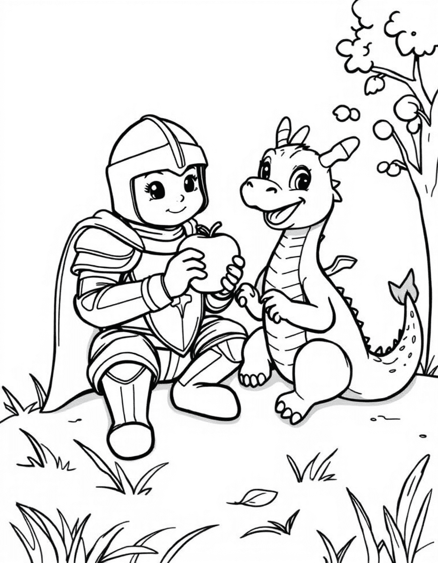 Coloriage Chevalier - Gentil chevalier partageant une pomme avec un petit dragon amical assis sur une colline herbeuse, contours nets.