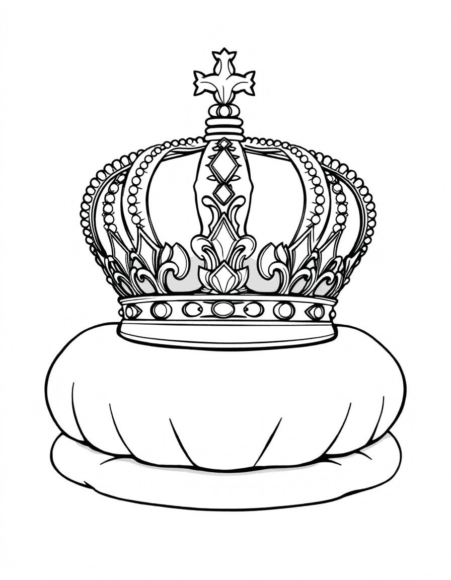 Coloriage Couronne - Couronne impériale majestueuse ornée de perles et de pierres précieuses posée sur un coussin de velours, contours nets.