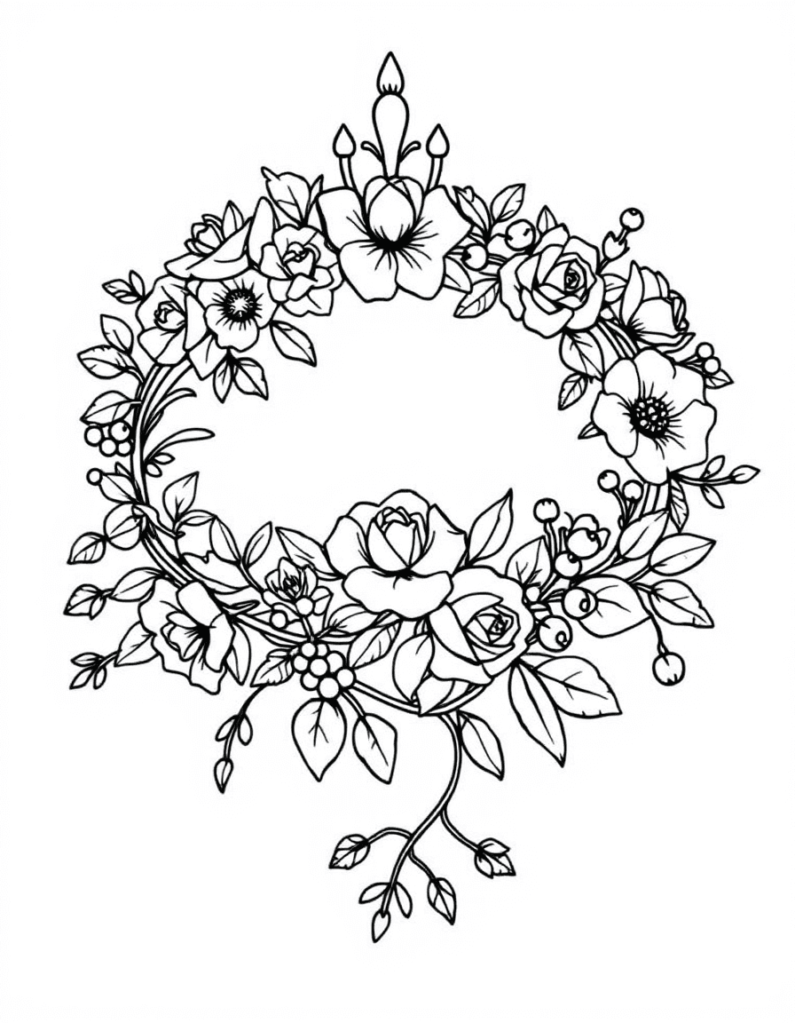 Coloriage Couronne - Diadème féerique de princesse tressé de roses sauvages, lierre grimpant et baies magiques, traits nets sans ombrage.