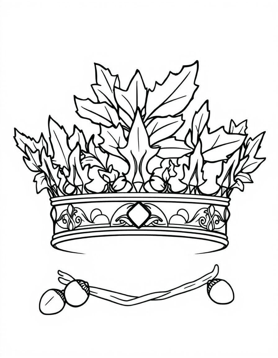 Coloriage Couronne - Couronne de roi de la forêt forgée de feuilles de chêne dorées, glands et entrelacs celtiques, dessin simple.
