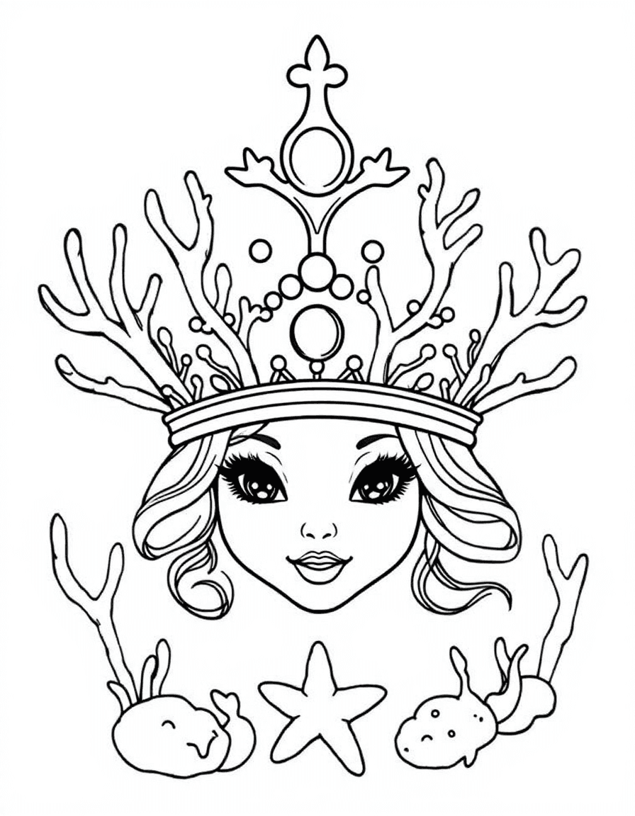 Coloriage Couronne - Couronne de reine des sirènes sculptée dans du corail marin avec perles nacrées et étoiles de mer, contours nets.