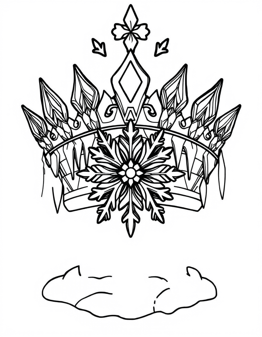 Coloriage Couronne - Couronne de reine des glaces sculptée de stalactites cristallines et de cristaux de flocons géométriques, contours nets.