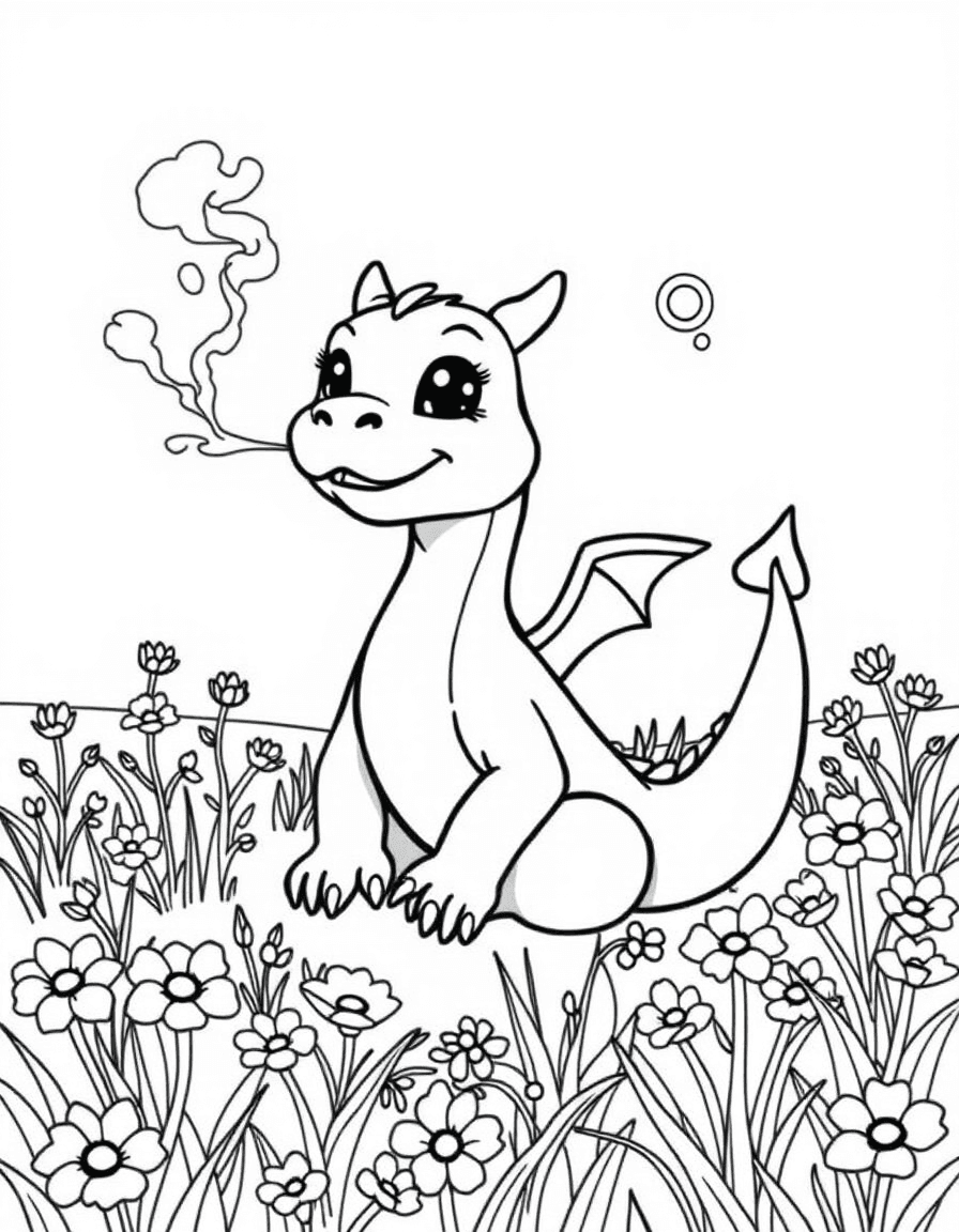 Coloriage Dragon - Dragon joueur soufflant des petits ronds de fumée amusants dans un pré parsemé de fleurs sauvages, contours nets.