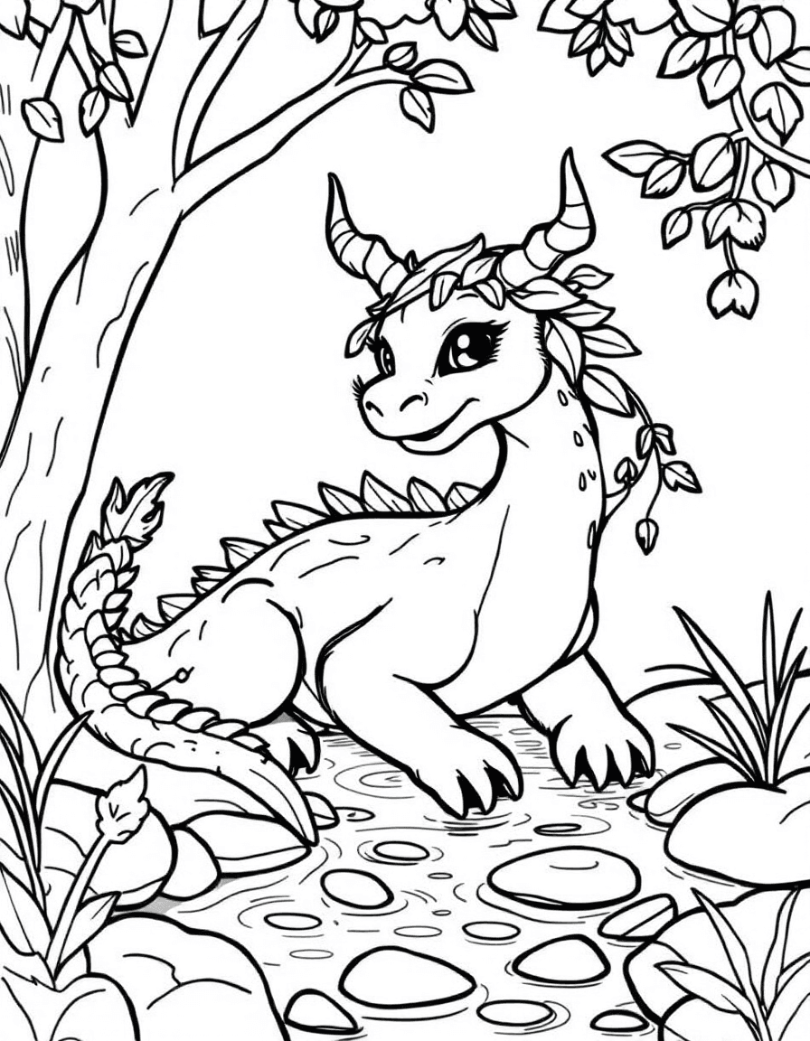 Coloriage Dragon - Dragon de la forêt aux écailles en feuilles et cornes de lierre buvant dans un ruisseau scintillant, traits nets.
