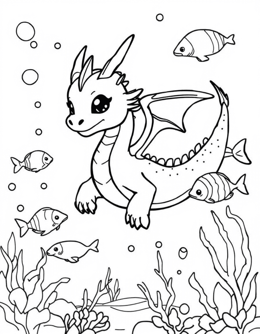 Coloriage Dragon - Dragon des mers aux ailes palmées nageant dans les vagues de l'océan avec de petits poissons, style facile.