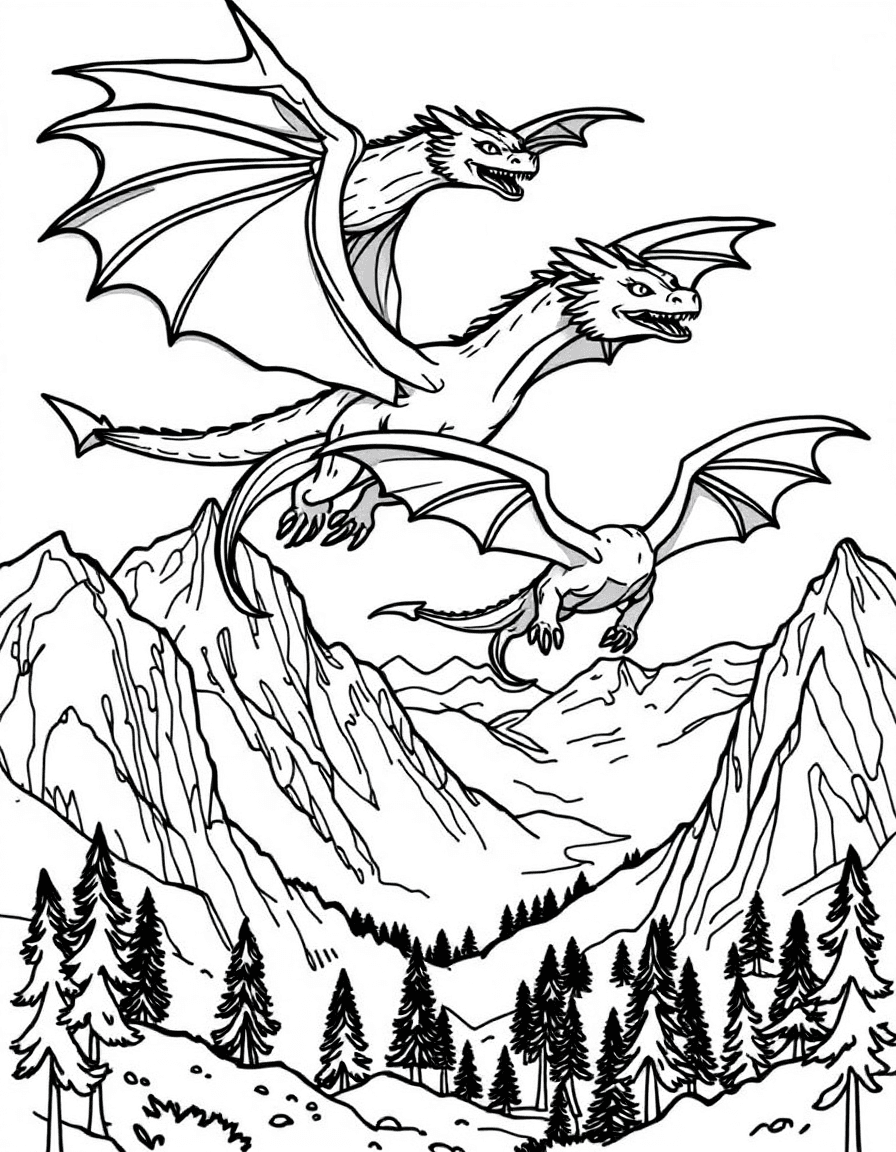 Coloriage Dragons - Volée de trois dragons majestueux volant en formation au-dessus de montagnes et vallées boisées, dessin simple.