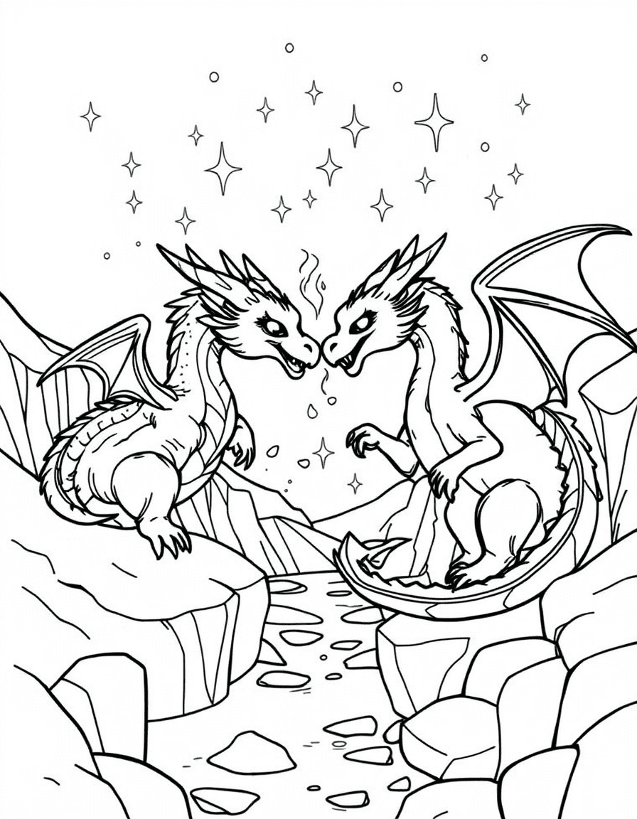 Coloriage Dragons - Dragon de feu et dragon de glace se saluant amicalement nez à nez au-dessus d'un canyon givré, contours nets.