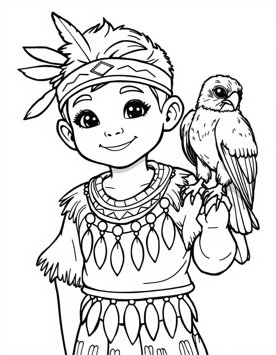 Coloriage Indiens - Jeune garçon amérindien en tunique à franges avec un faucon apprivoisé posé sur son bras, contours nets.