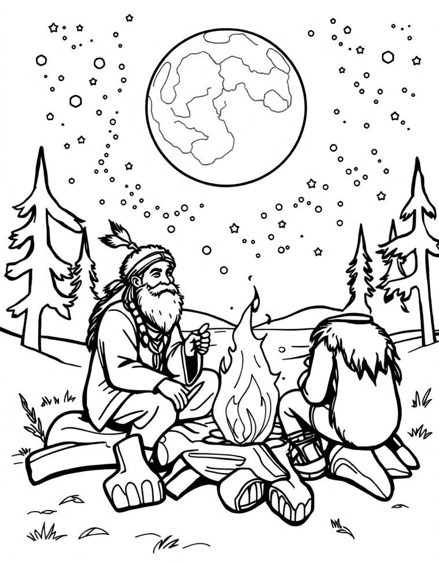 Coloriage Indiens - Sage ancien racontant des légendes au coin du feu sous un ciel étoilé et une grande lune, dessin simple.