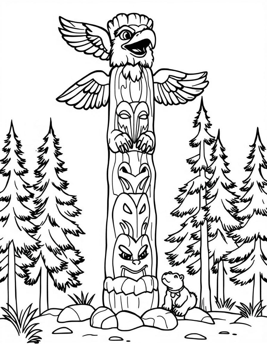 Coloriage Indiens - Grand mât totem sculpté d'un aigle, d'un ours et d'un castor dressé fièrement parmi les pins, contours nets.