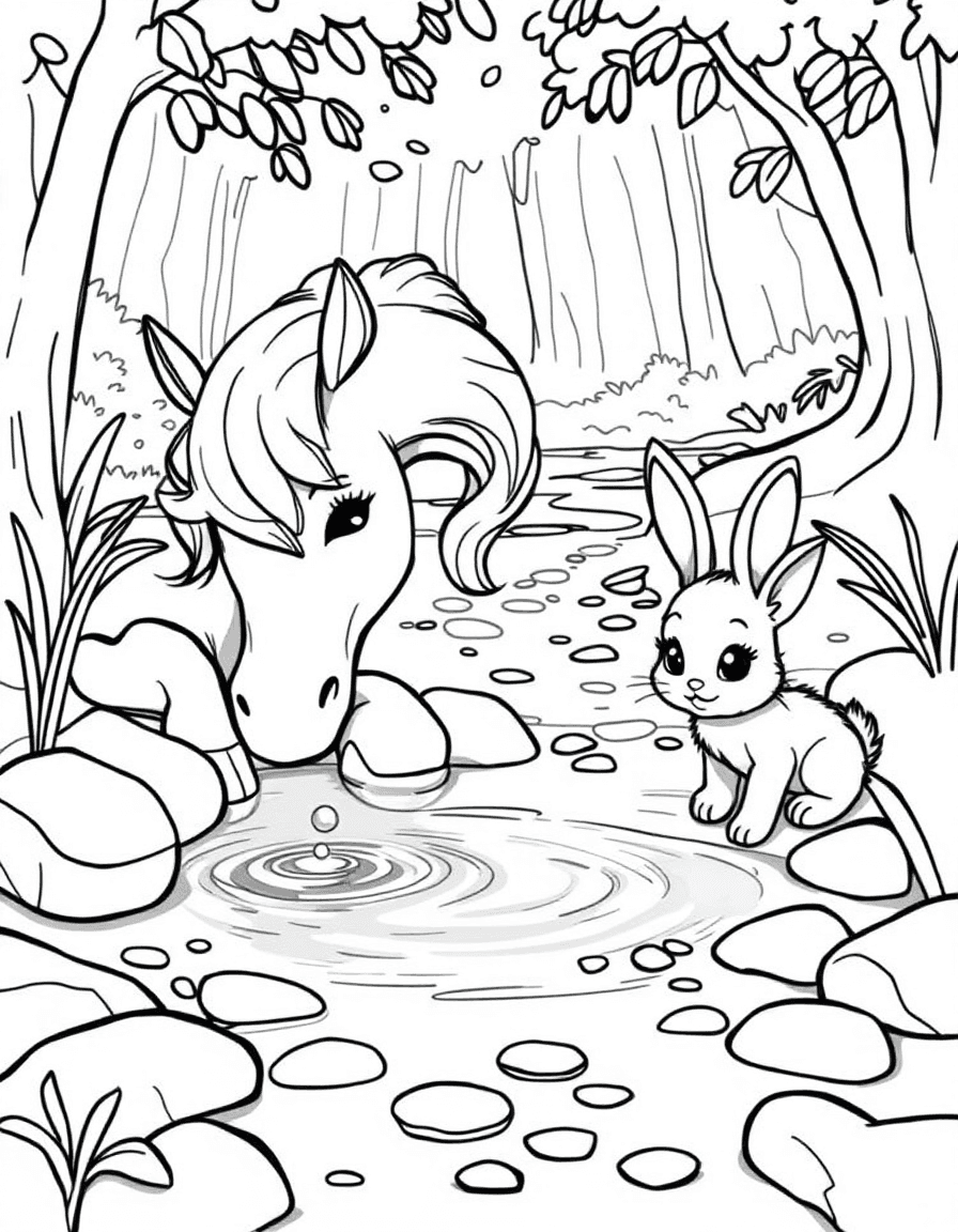 Coloriage Licorne - Licorne paisible buvant l'eau d'un ruisseau de forêt enchantée près d'un petit lapin curieux, dessin simple.